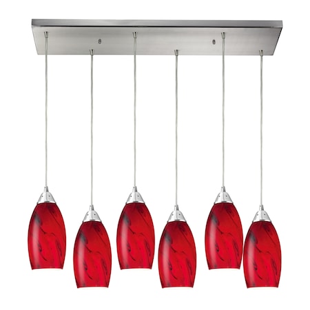 Galaxy 6-Lght Rectangular Pendant In Satin Nckl With Red Glass